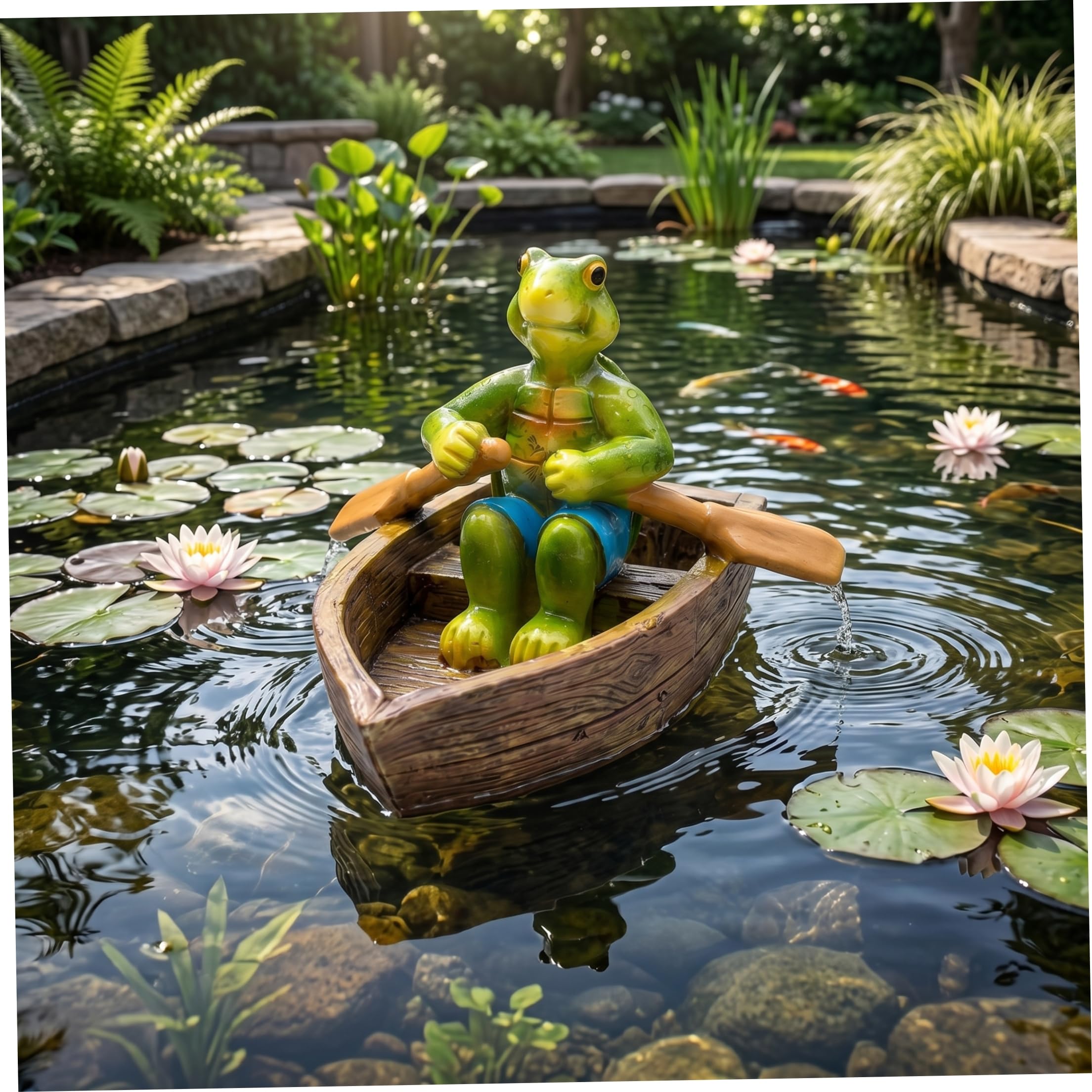 Latemeia Pond Ornaments Outdoor, Floating Rowing Turtle on Wooden Boat Garden Ornaments for Home Yard Pond Fish Tank, Outdoor