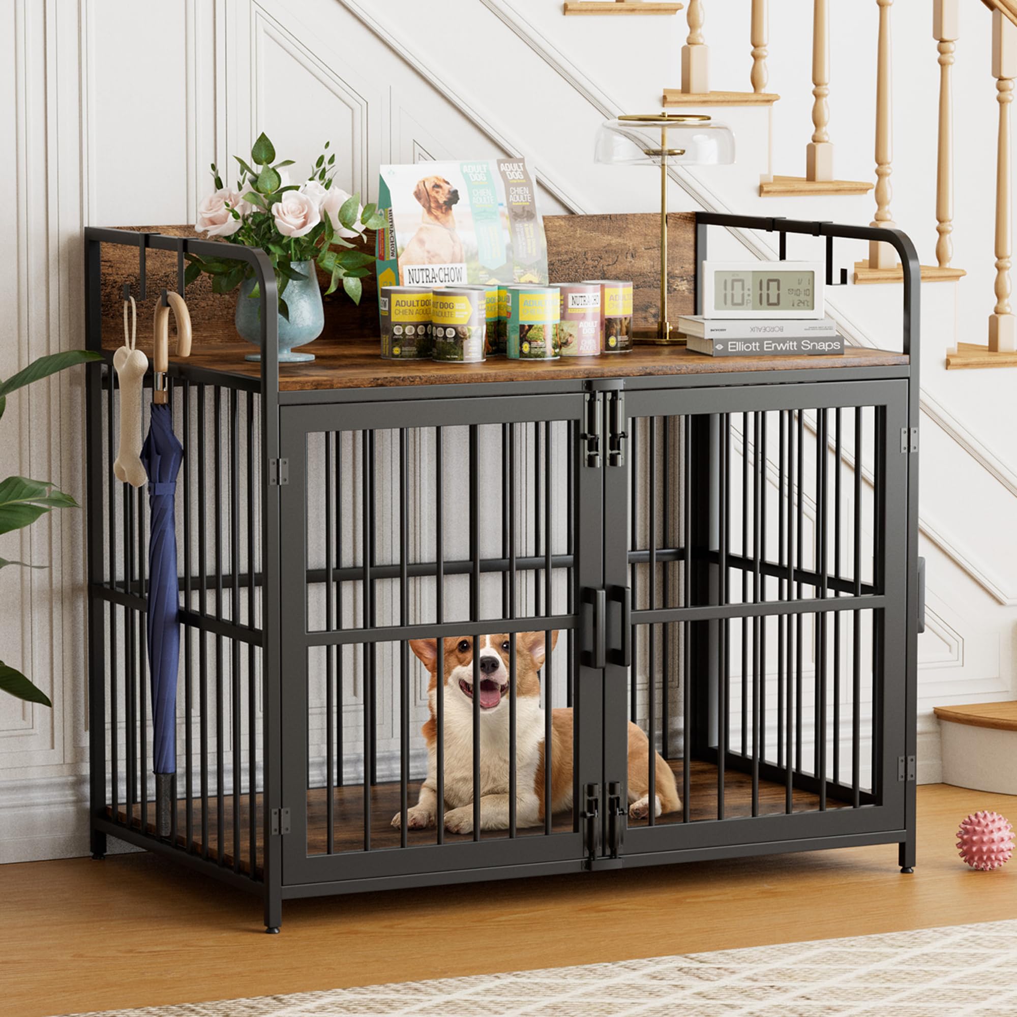 Dog Crate Furniture, Large Dog Cage with 2 Doors, Heavy Duty Dog Kennel Indoor for Small Medium Large Dogs, Wooden Dog House, 94x60x88cm (Rustic Brown)