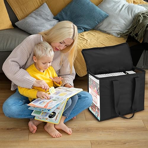 Miniatura 7 de Bolsa de almacenamiento para cómics, 600D plegable para cómics de 160-180 cómics, soporte para caja de cómics con asas de transporte y ventana