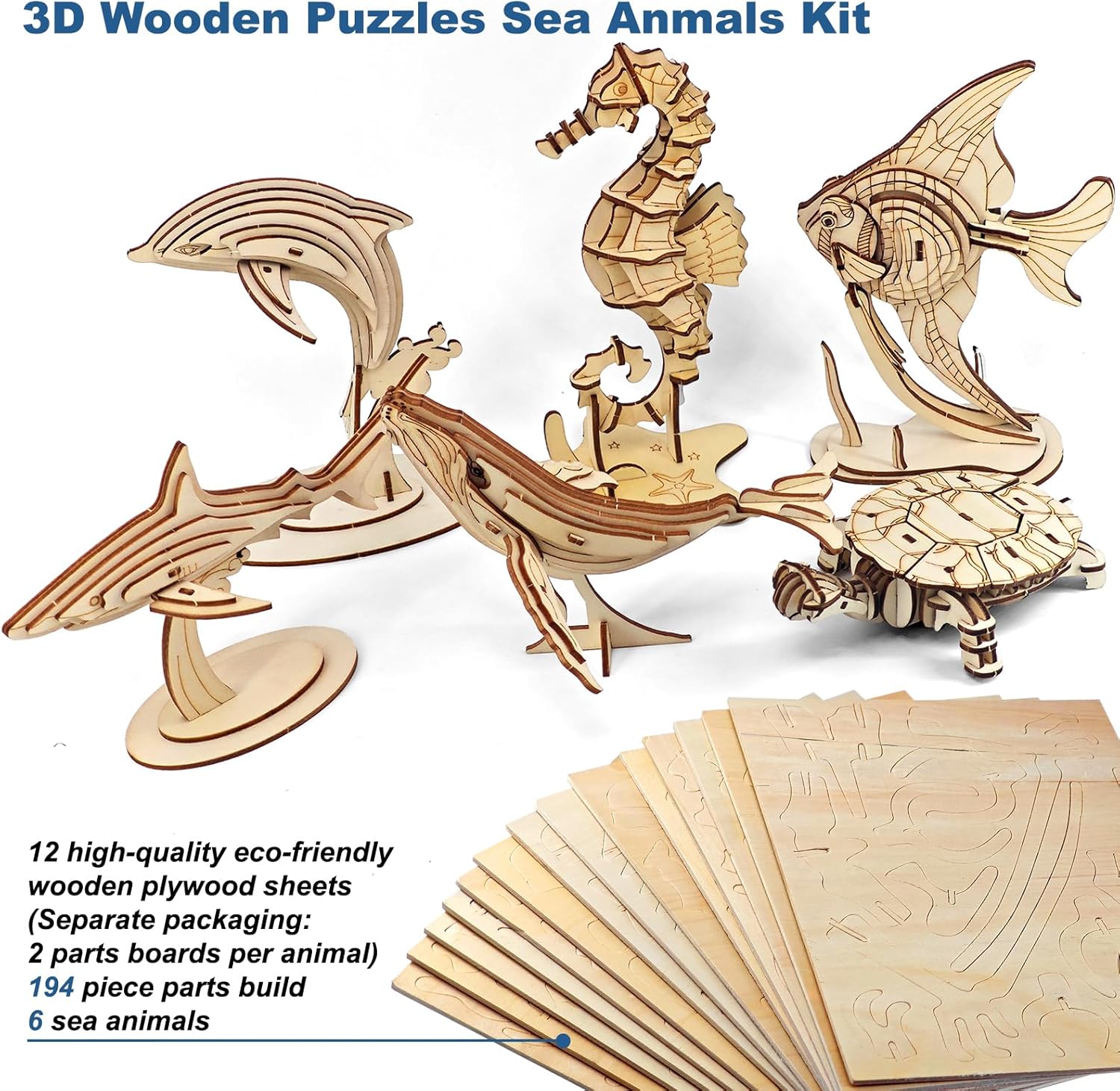 3D Wooden Puzzle Set for Adults – 6 Pack DIY Wooden Sea Animals Model Kits for Adults to Build, Brain Teaser Puzzles Wood Crafts for Teens, Creative Gift Ideas for Birthday & Christmas