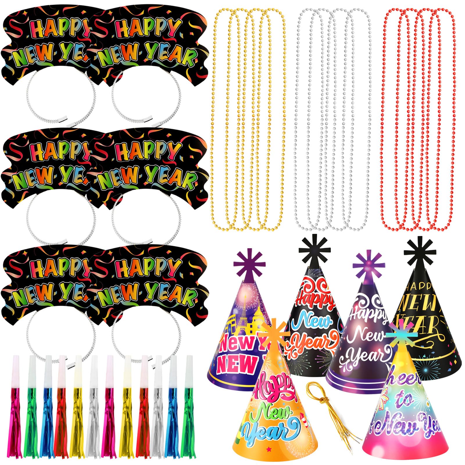 HOWAF New Years Eve Party Supplies 2025, Pack of 36 Happy New Year 2025 Party Kit, Happy New Year Headband New Years Eve Party Hats Cone Hats New Years Noisemaker Bead Necklaces for NYE Party Favors