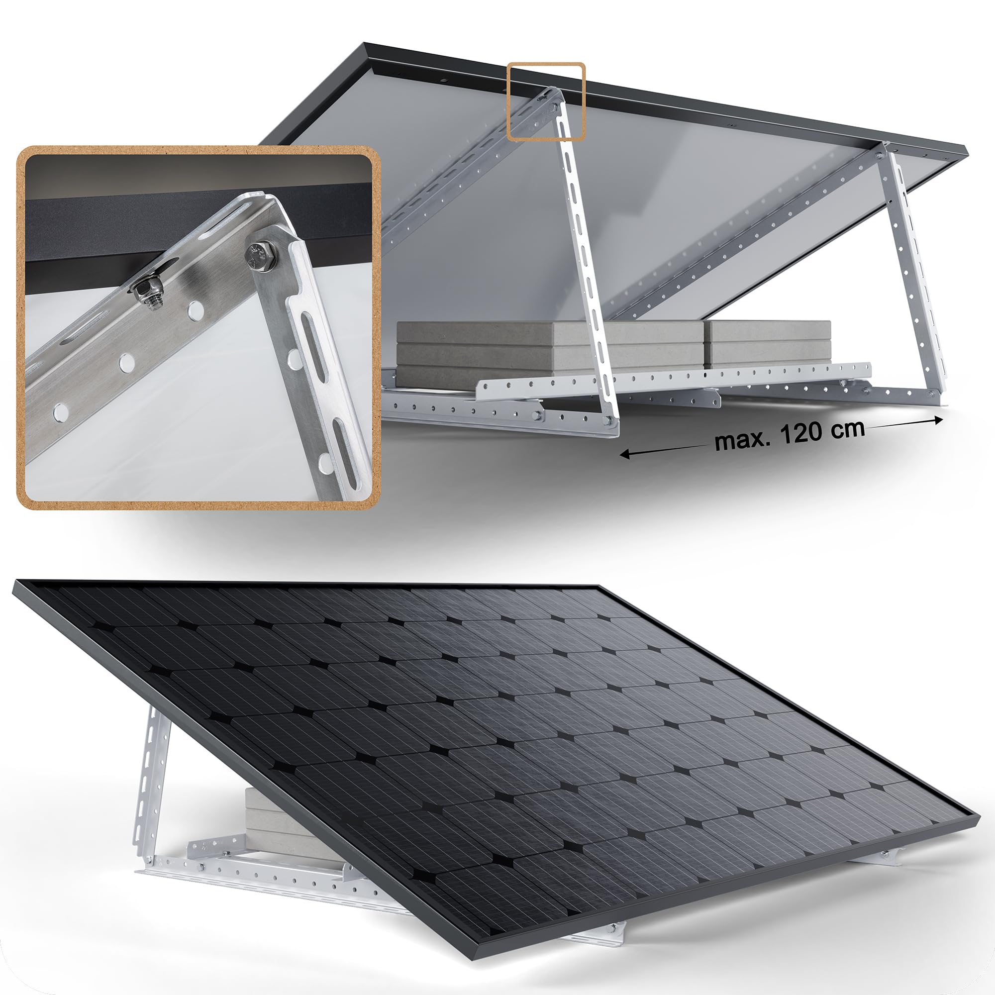 2 Sets Solarmodul Halterung zur Beschwerung - 0% MwSt│Halterung für Solarmodule bis zu 114.5 cm│Robuste Solarpanel Halterung│Einstellbarer Neigungswinkel 0° - 90°│Flachdach, Balkonkraftwerk, Wand