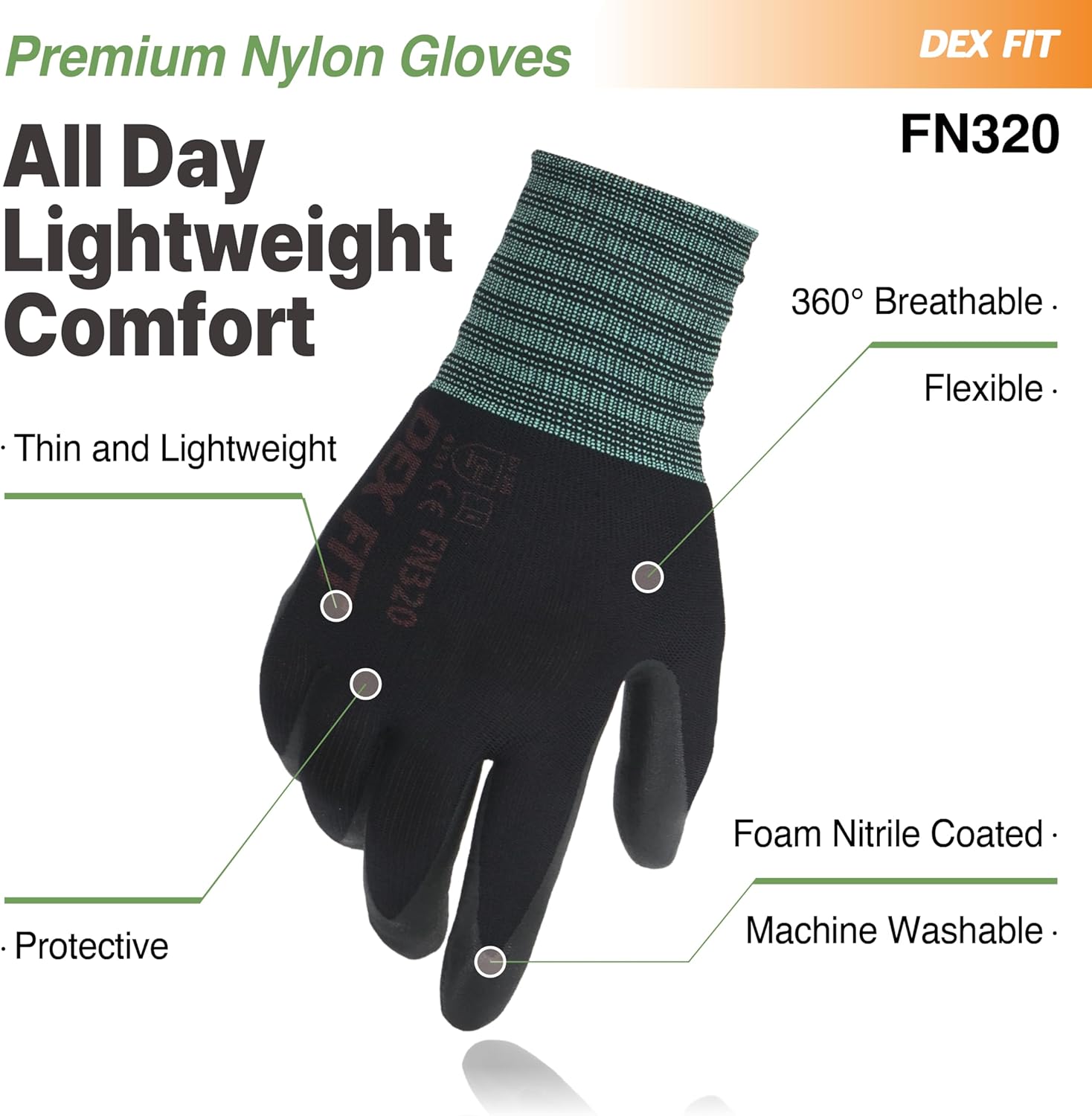 DEX FIT Nylon Work Gloves FN320, 3D Comfort Fit, Power Grip, Lightweight & Breathable, Touchscreen, Gardening, Yard Work, Warehouse, Delivery Driver Gloves; Black 9 (L) - Image 4
