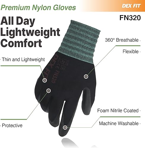 Miniatura 4 de DEX FIT FN320 - Guantes de trabajo de nitrilo, ajuste elástico 3D, agarre de potencia, recubierto de espuma resistente, fino y ligero de nailon