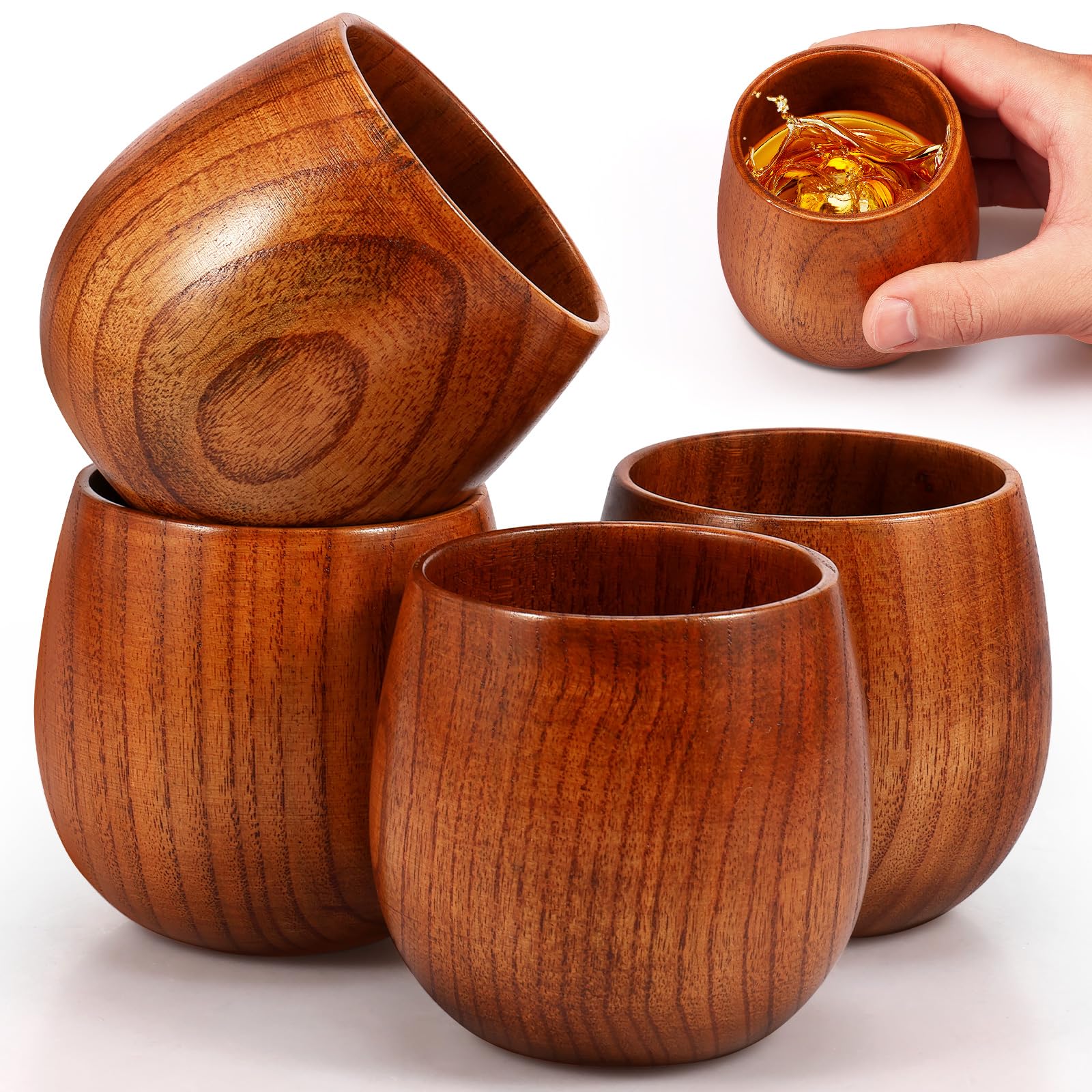 GUIJZSLTRG 4 Pcs Wood Bourbon Drinking Glass 250ML Vintage Wooden Tea Cup Set with Natural Texture Heat Resistant Whiskey Tumbler Whiskey Bourbon Glass for Drinking, Drink Lover Gifts for Men Dad