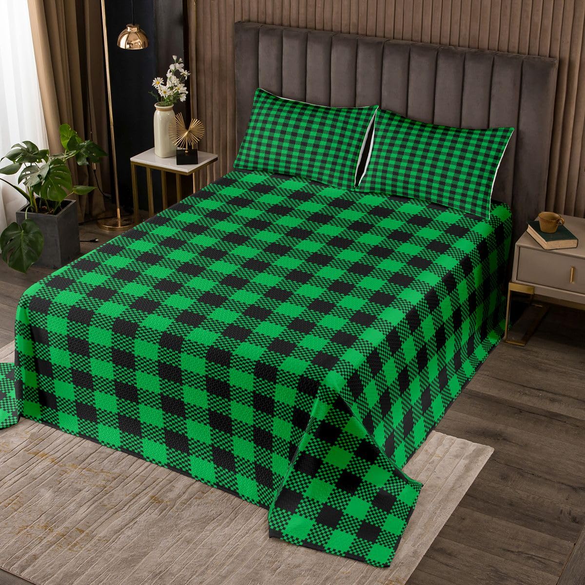 Loussiesd Copriletto a quadri per letto matrimoniale, motivo geometrico, verde e nero, set copriletto a quadretti di bufalo per tutte le stagioni, con 2 federe, in microfibra leggera