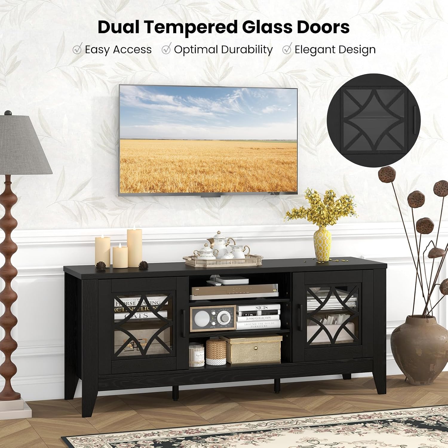 Giantex Farmhouse TV Stand for TVs up to 65", Entertainment Center with 4 Adjustable Storage Shelves & Tempered Glass Doors, Modern TV Console Table for Bedroom, Living Room
