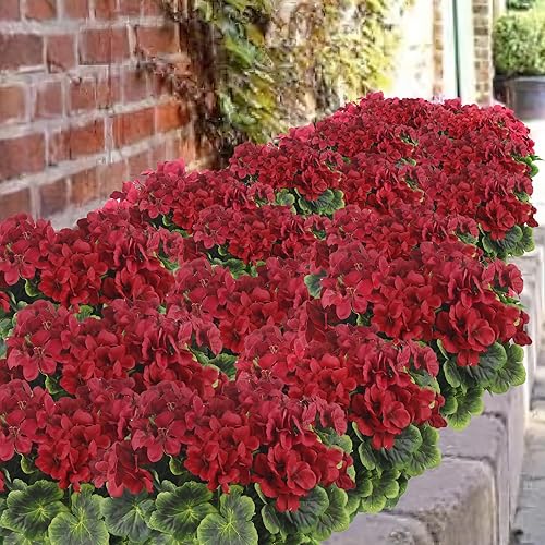 Miniatura 2 de 2 piezas de geranios artificiales para exteriores, flores de geranio de seda, arbusto de geranio artificial rojo, flores sintéticas, ramas de