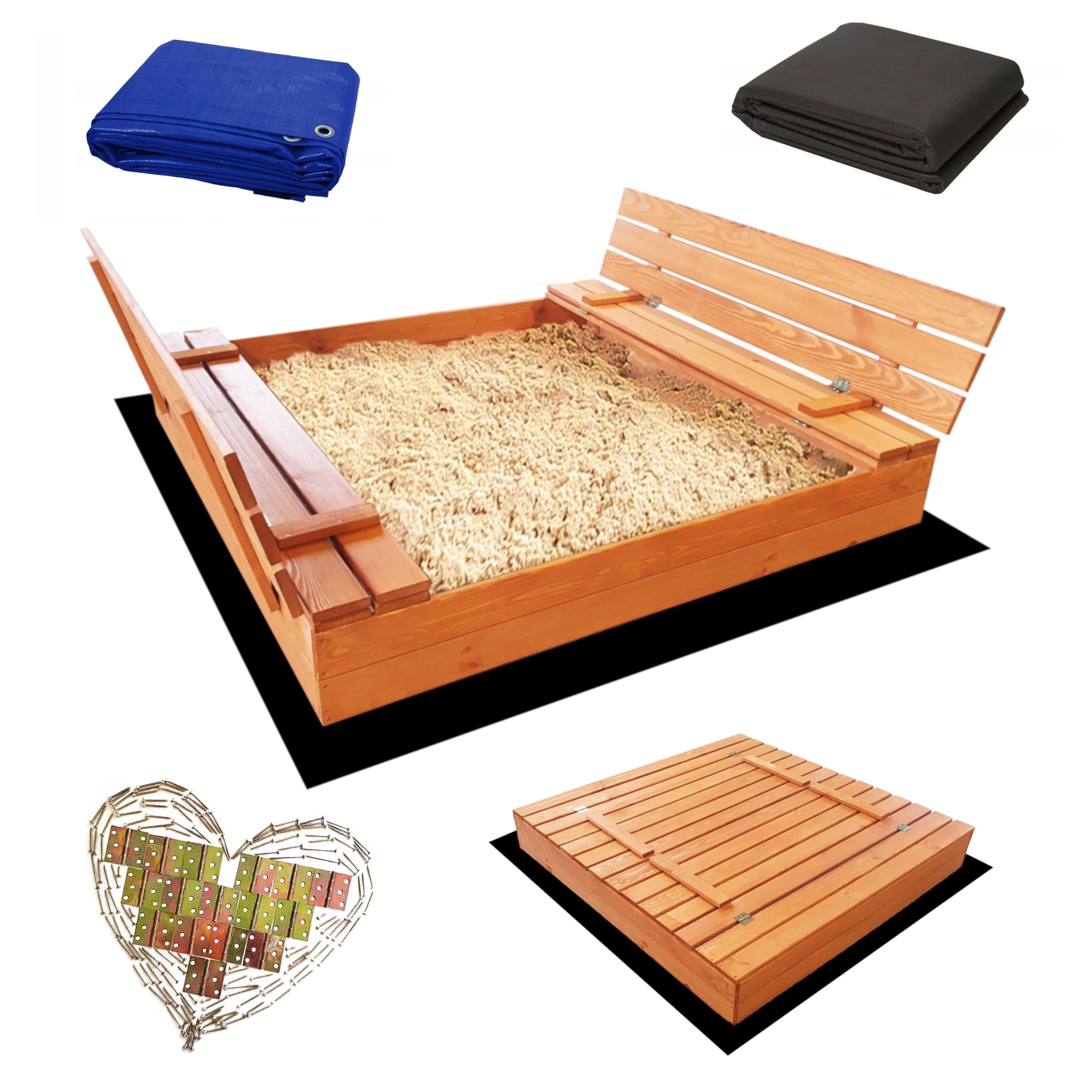Sunwood Sandkasten Imprägniert 140x140 cm aus Holz Sandbox mit Abdeckung Sitzbänken Deckel Plane Sandkiste (140x140 cm)