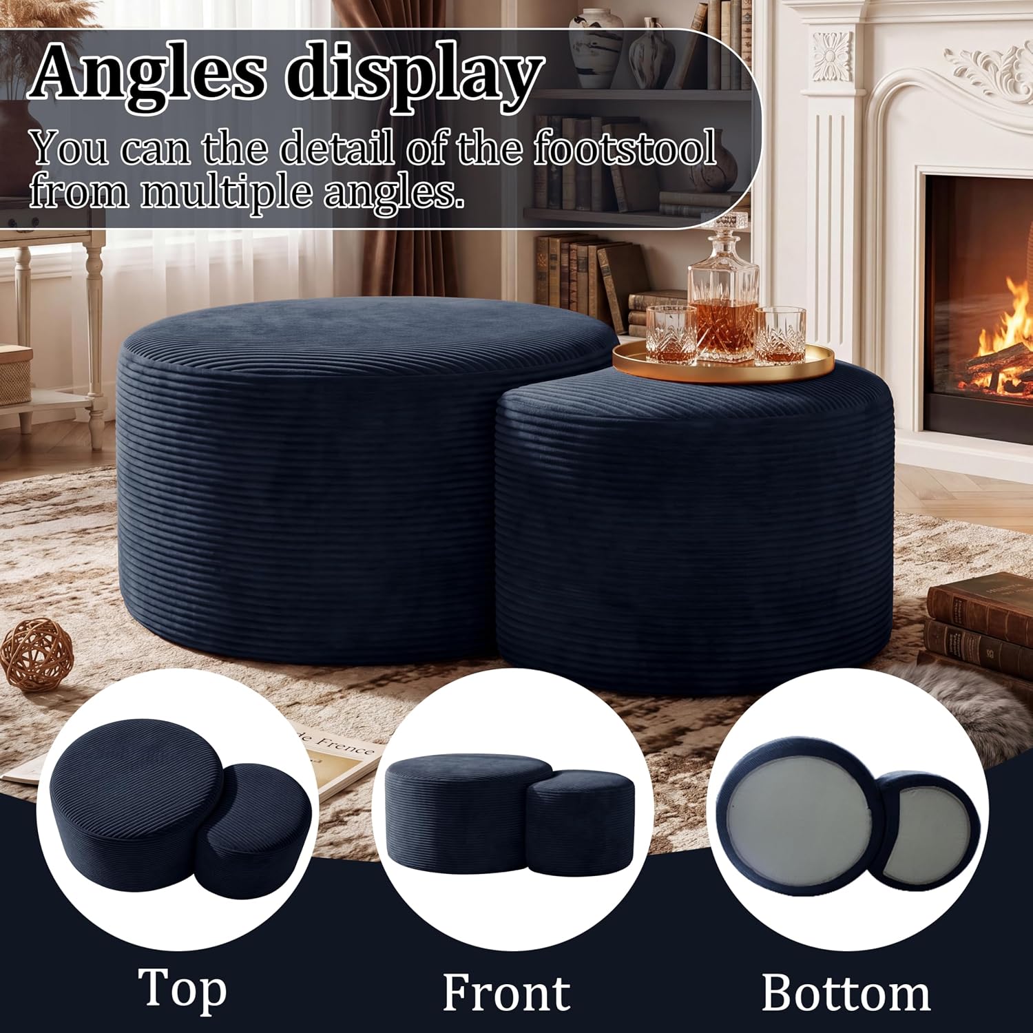 BSHOMGI Nesting Coffee Table Set of 2,Corduroy Ottoman Soft Foot Rest Movable LargePouf Footstool for Living Room Sofa Couch Bedroom Entryway and Small Spaces No Assembly (Blue, 32"+17")