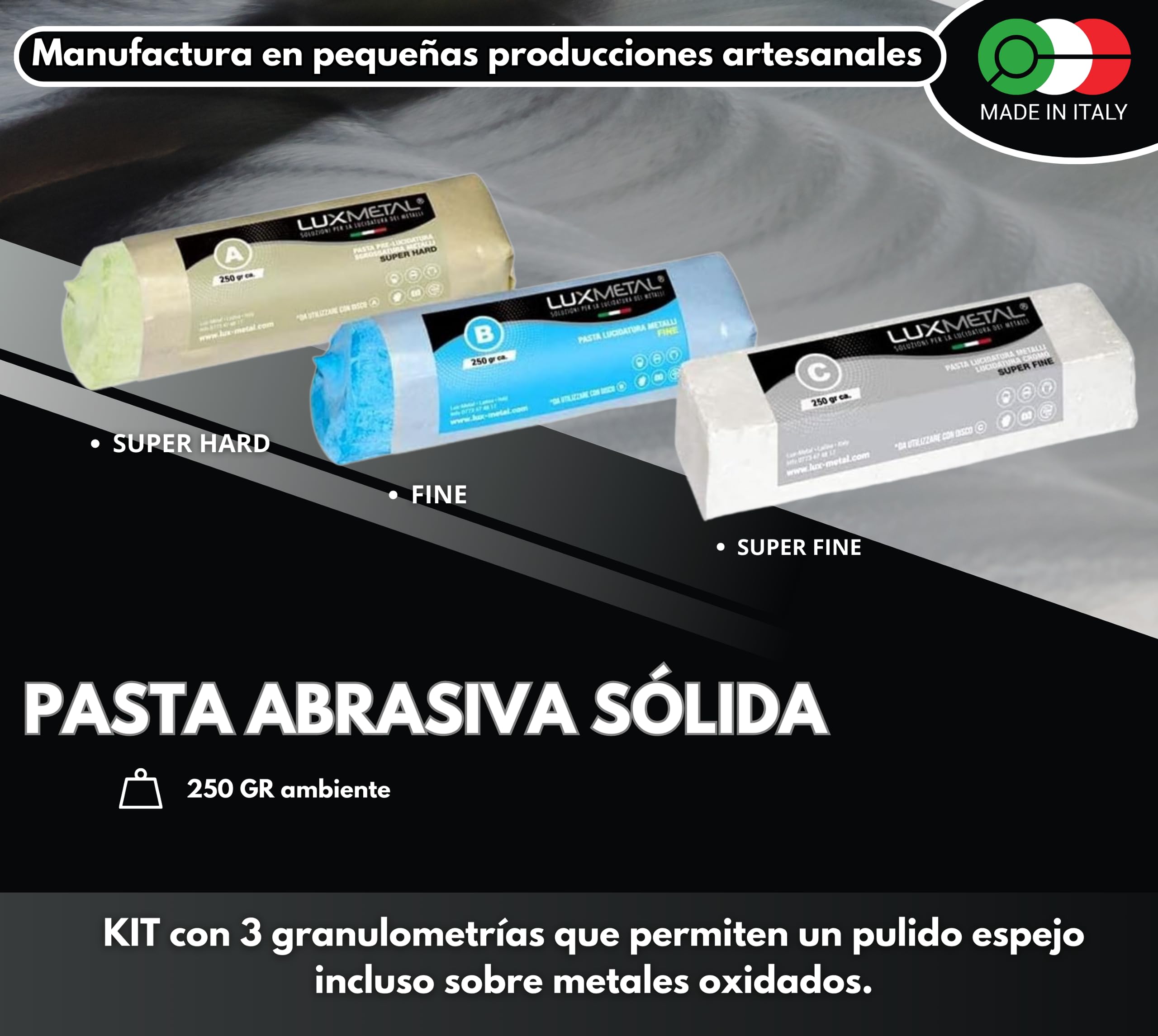 Lux Kit Pulido Metales 3 Discos Pulido 100 mm y 3 Pasta Abrasiva Pulido 250 gr en Algodón Discos Muelas para Pulir Acero Inoxidable Metales Aluminio Set Pulido Cromo Latón Cobre Rueda