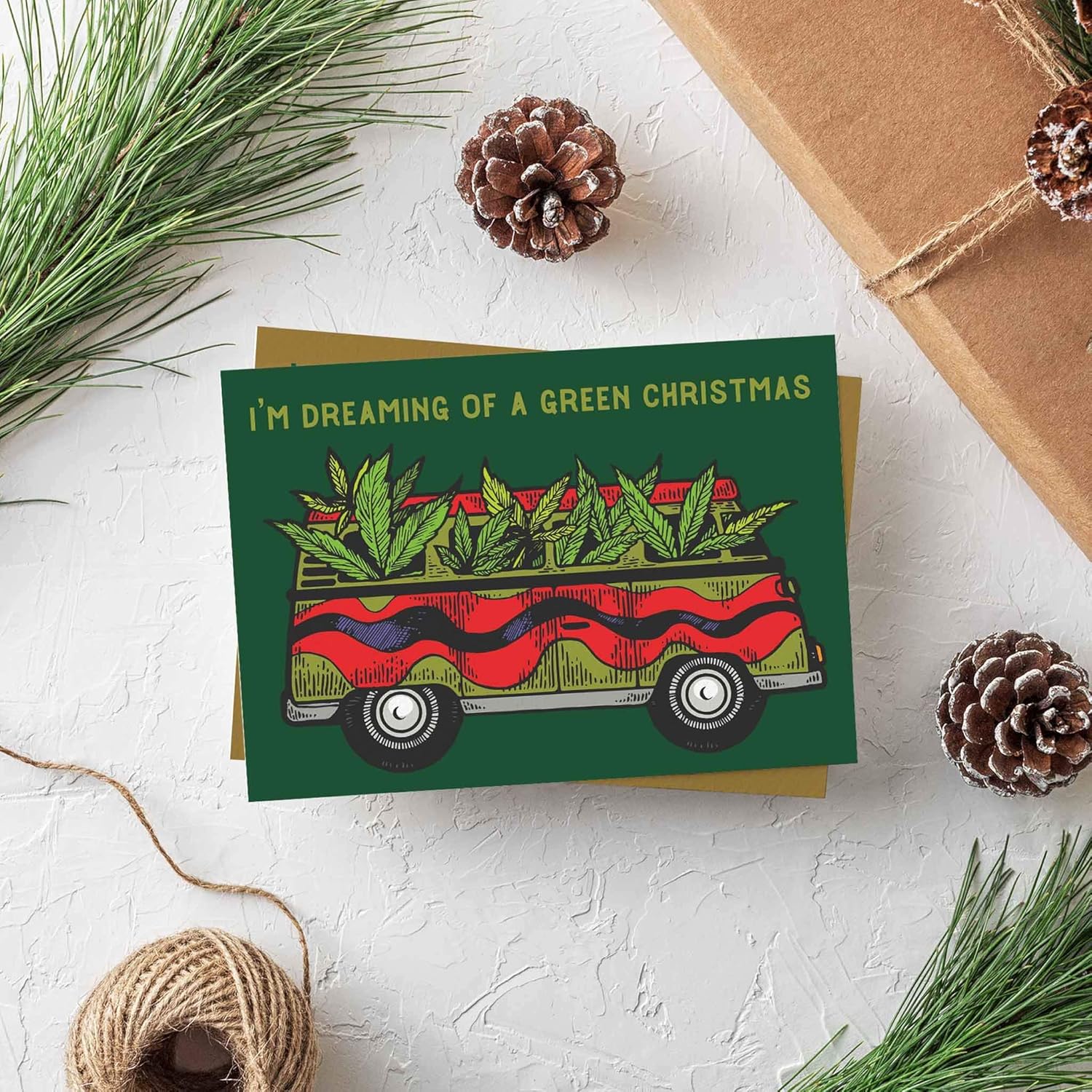 Ritzy Rose 24 Cannabis Van Christmas Cards in 2 Dreaming of A Green Christmas Hippie Bus Designs + Envelopes