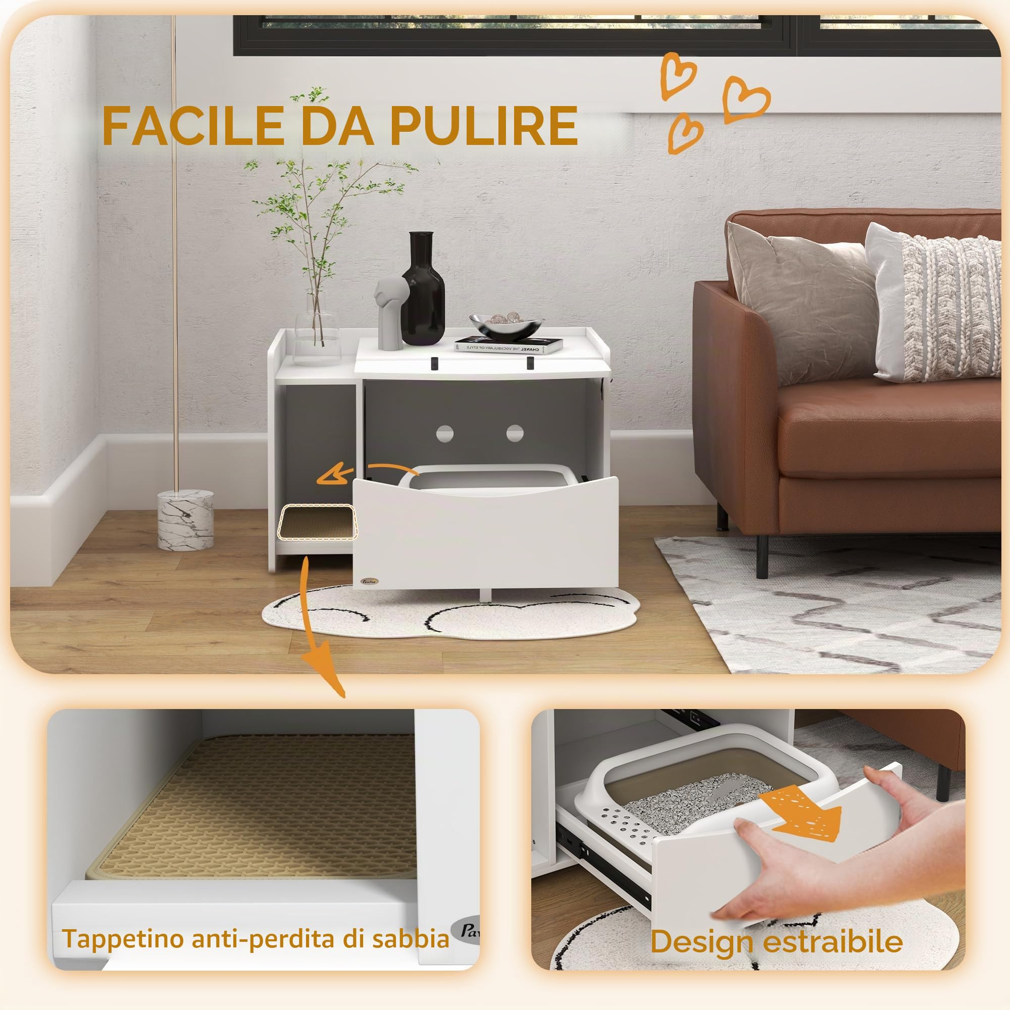 PawHut Casa da Letticcia Mobile per Gatto, Scomparto Scorrevole, 2 Fori di Ventilazione, Tappetino per Perdite di Sabbia, Bianco