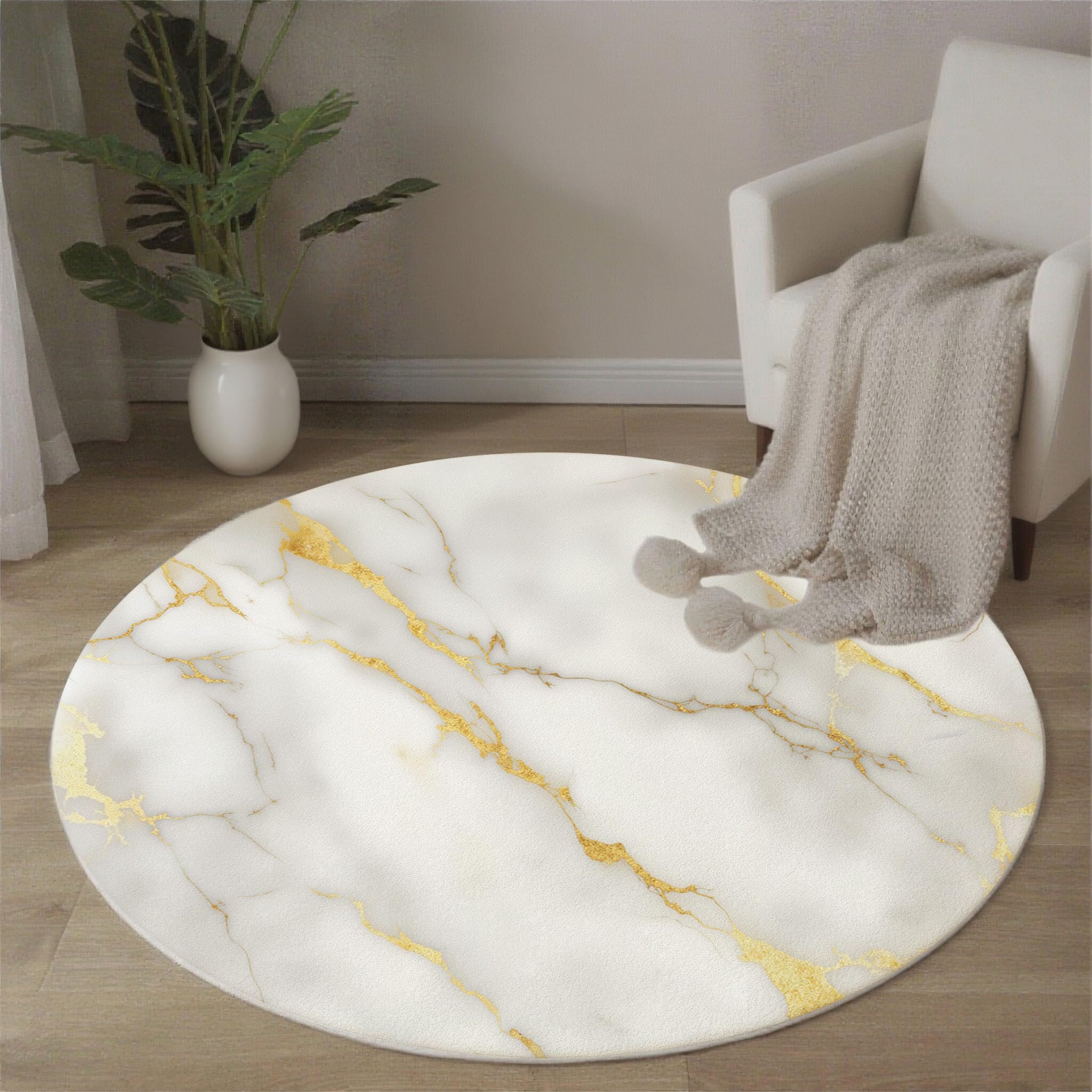 Tapis rond effet marbré et feuille d'or chic beige 100 cm de salon