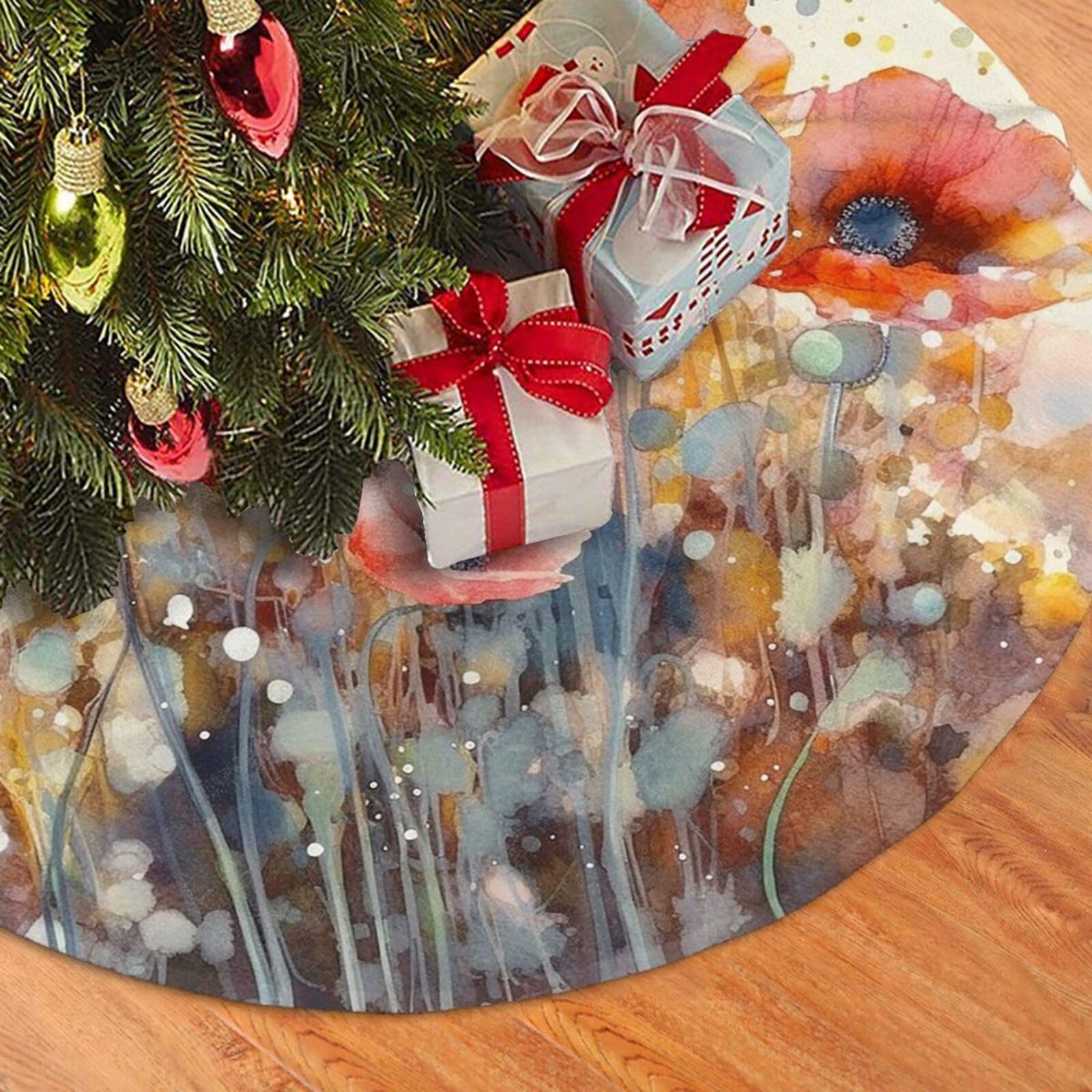 Fodpand Black Watercolor Red Poppy Flowers Christmas Tree Skirt 48" Velvet Xmas Tree Skirt Mat Rustic Christmas Tree Mat Cover Winter Xmas Tree Collar For Indoor Outdoor Christmas Decorations
