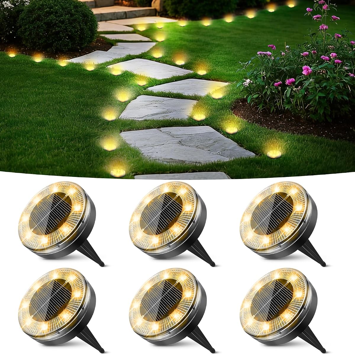 Peasur Mini Solar Ground Lights 6 Pack Flat Solar Disc Lights Outdoor