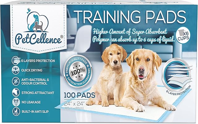 PetCellence Puppy Pads 100 Pack, Super Absorbent Pet Dog Training Pads Large 60 x 60cm with Anti-Slip Adhesive Tabs, Eliminate Odour, Leak-Proof Floor Protection Toilet Pee Mat