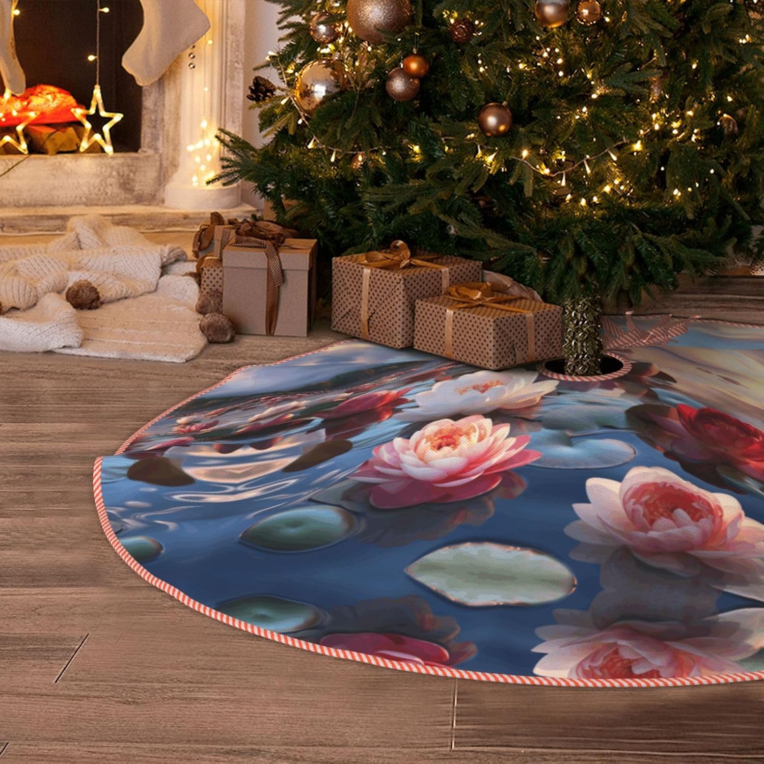Flower Print Christmas Tree Skirt,Xmas Tree mat,Decorations for Xmas Holiday Party Supplies