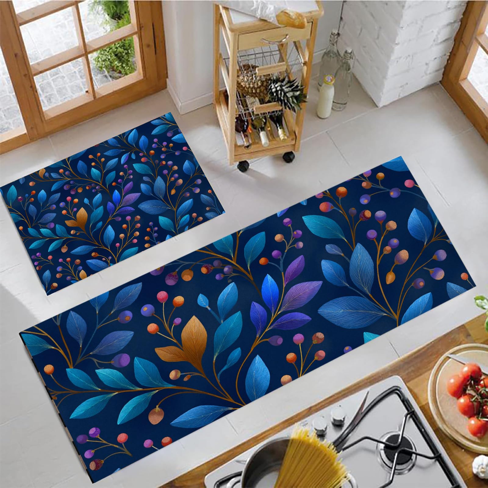 Juego de alfombras de cocina antideslizantes, lavables y con diseño de hojas