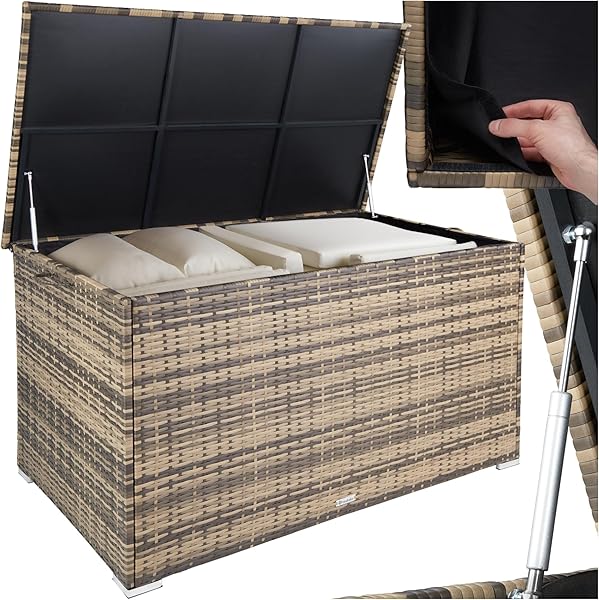 tectake® Aluminium Polyrattan Aufbewahrungsbox mit Deckel, 750L, Gartenkiste wetterfest, Gartenbox mit Gasdruckfedern, Garten Auflagenbox, UV-beständig, rostfrei, Stauraum, 145x82,5x79,5 cm - hellgrau - 5