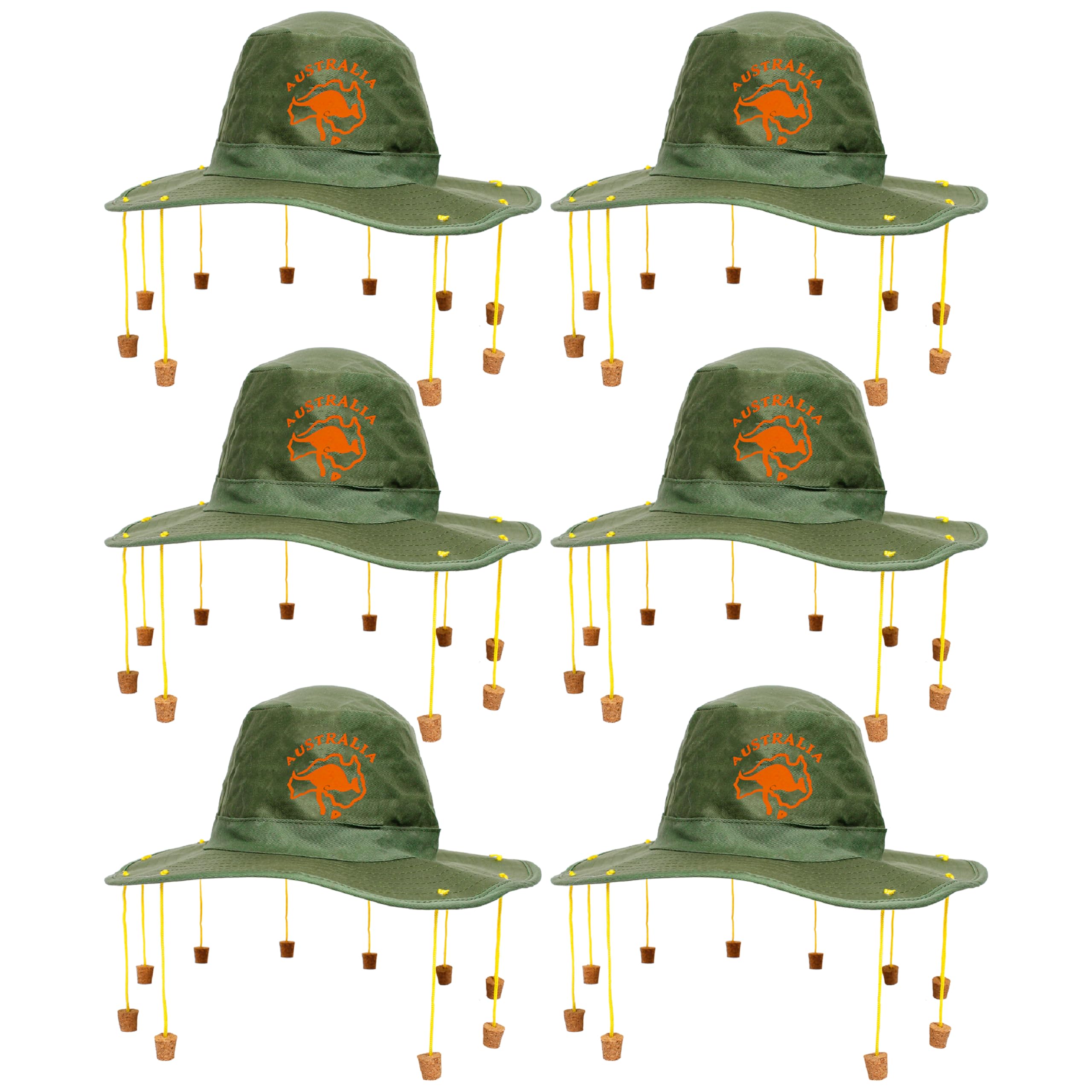 Australian Cork Hat - Green Hat with Orange Kangaroo Print and Attached Corks on Strings - Australia Day Fancy Dress Costume Accessory