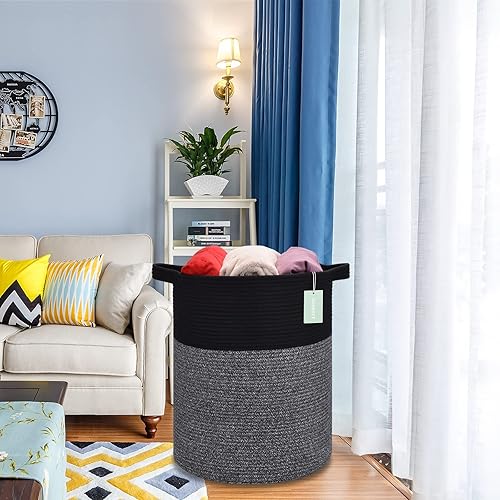 Miniatura 7 de BOSROTY Cesta de manta extra grande, canasta de almacenamiento alta, canasta alta de cuerda para lavandería, 15.7 x 21.7 pulgadas, canasta de cuerda