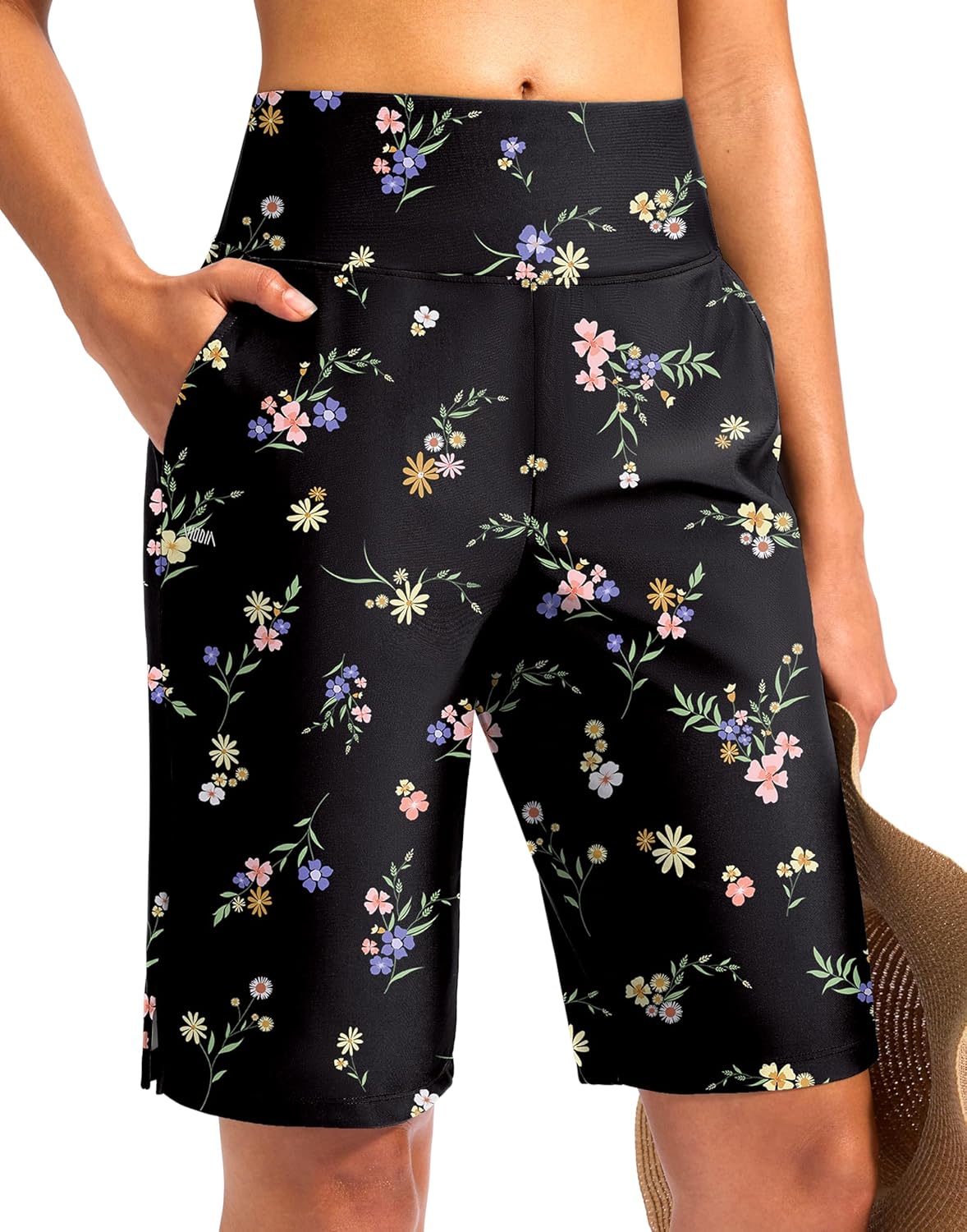 Viodia Women's 11" Long Swim Board Shorts Knee Length Beach Swimming Shorts High Waisted Modest Swimsuits with Pockets