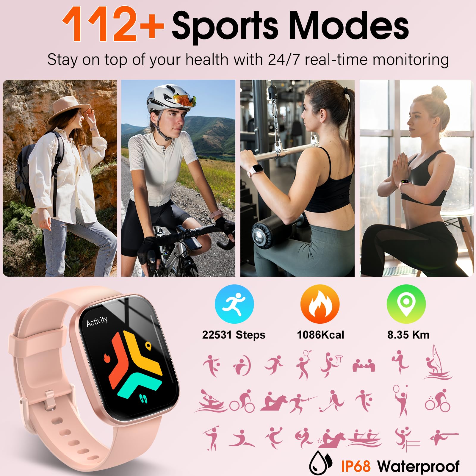 Csasan Smartwatch Uomo Donna con Effettua/Risposta Chiamate, 1.91'' HD Orologio Smartwatch con Contapassi/Sonno/Cardiofrequenzimetro, 110+ Modalità Sportive Fitness Tracker Impermeabile IP68, Rosa