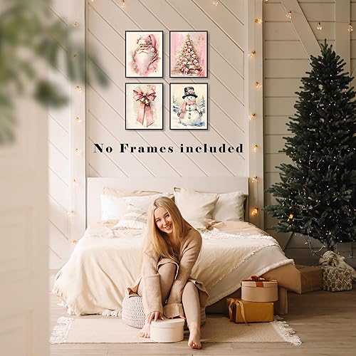 Miniatura 5 de EUYTHNGYF Coquette - Juego de 4 pósteres de pared con lazo rosa, árbol de Navidad, Papá Noel, muñeco de nieve de invierno, decoración de pared para