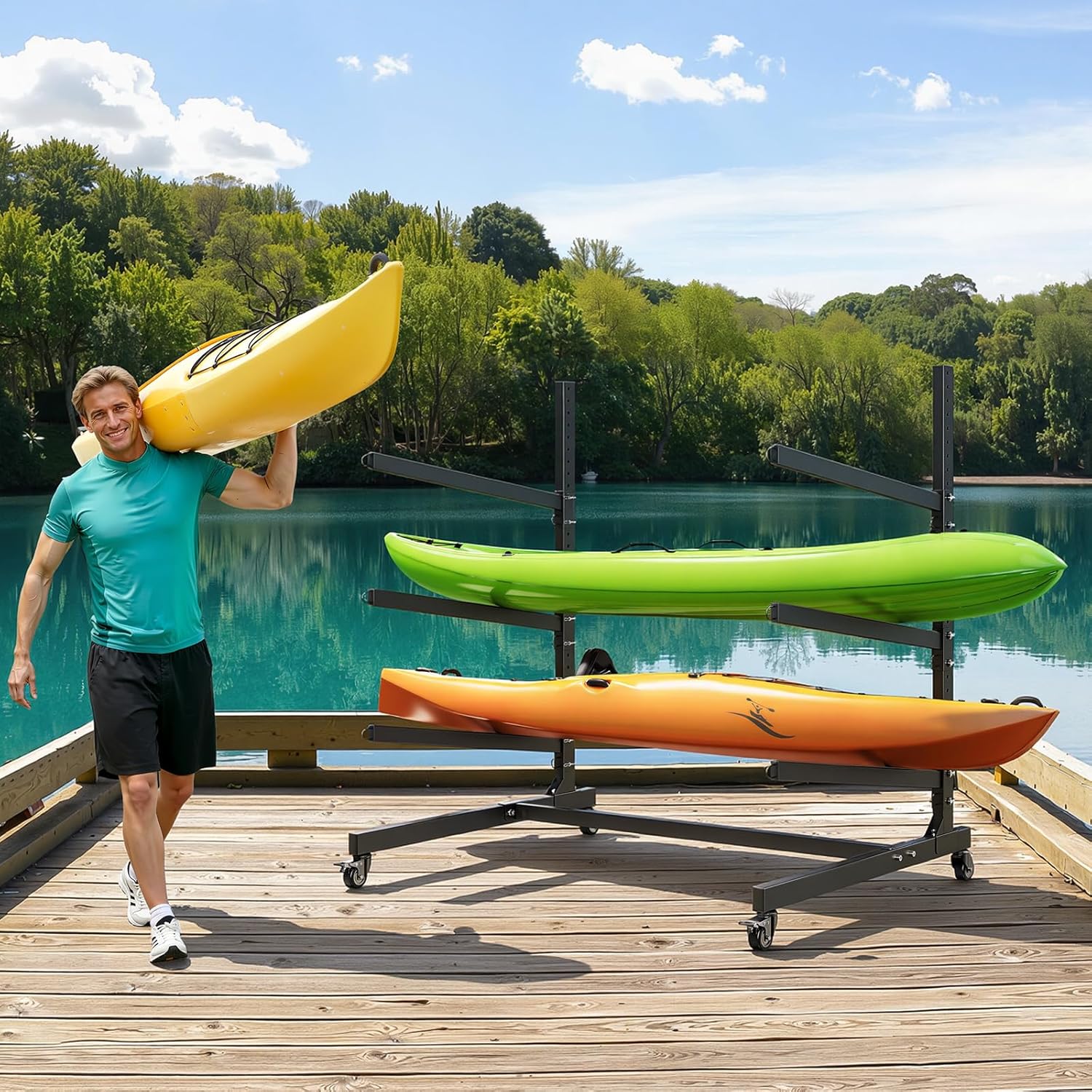 VEVOR Kayak Storage Rack, Heavy Duty Adjustable Freestanding Stand with Lockable Wheels for Indoor Outdoor Garage Shed Dock, Holder for Canoe, SUP, Surfboard & Paddleboard