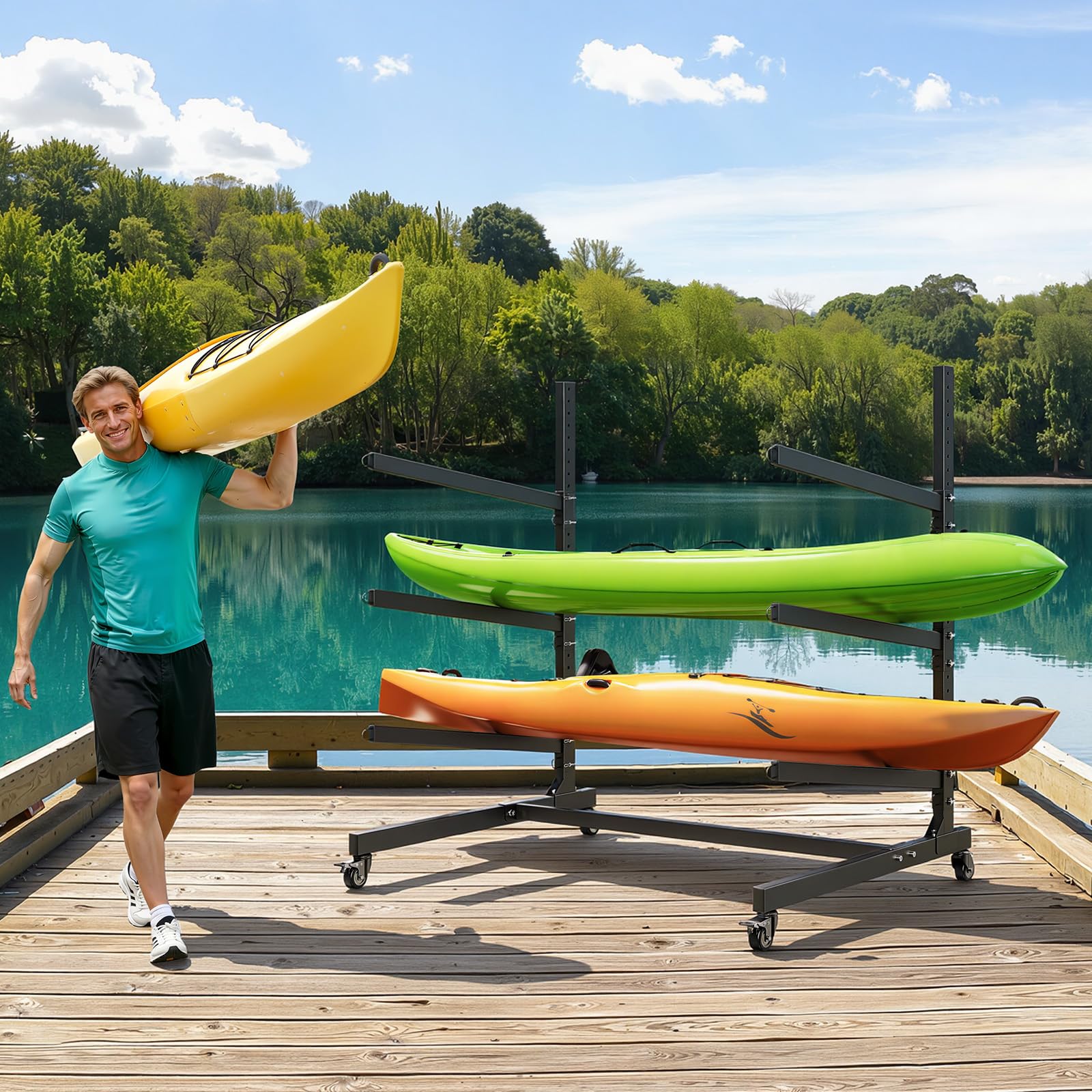 VEVOR Freistehendes Kajak-Aufbewahrungsregal für 3 Kajaks/Kanus/Surfbretter/Paddleboards, Kajakständer mit Feststellbaren Rollen für den Außen- und Innenbereich, Einstellbarer Kajakhalter 90 kg