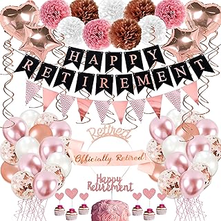 Rose Gold Retirement Birthday Decorations, 63 Pcs Retirement Party Decorations for Women Happy Retirement Banner Hanging Swirls Foil Balloon Cake Toppers Retired Sash Retirement Party Supplies