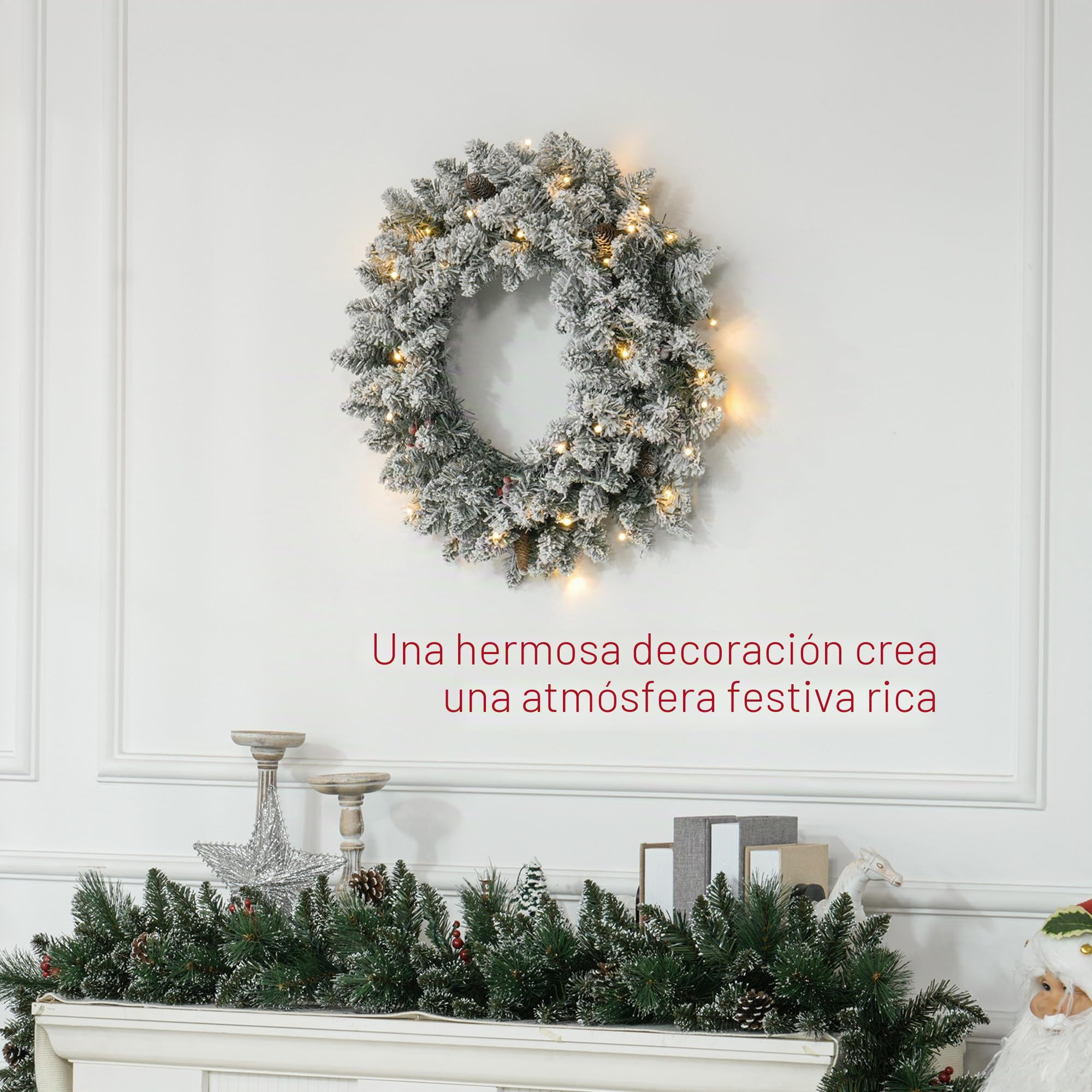 HOMCOM Corona de Navidad Puerta Helada Artificial 60CM Decoración de Navidad Luminosa con Piñas y Bayas Rojas, Luces LED y Temporizador, para Puerta, Ventana o Chimenea, Verde