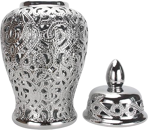 Miniatura 6 de Noori Home - Urnas 100% modernas de cerámica artesanal SOPH de jengibre blanco y dorado medio con tapa