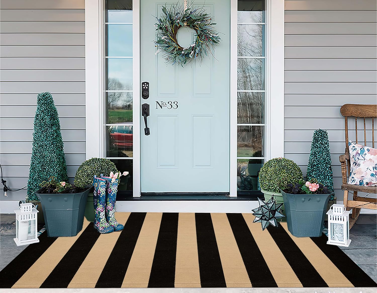 3'x5' Outdoor Rug, Black and Tan Washable Striped Porch Rug Cotton Woven Farmhouse Front Door Mats for Porch/Entryway/Home Entrance Decor/Bedroom/Laundry Room/Patio/Front Door