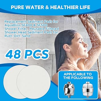 AquaBliss SF400 & SF500 シャワーフィルター用交換用堆積物パッド 48個パック 1年分 再利用可能なフィルター付きシャワーヘッド堆積物パッド さび、汚れ、砂用