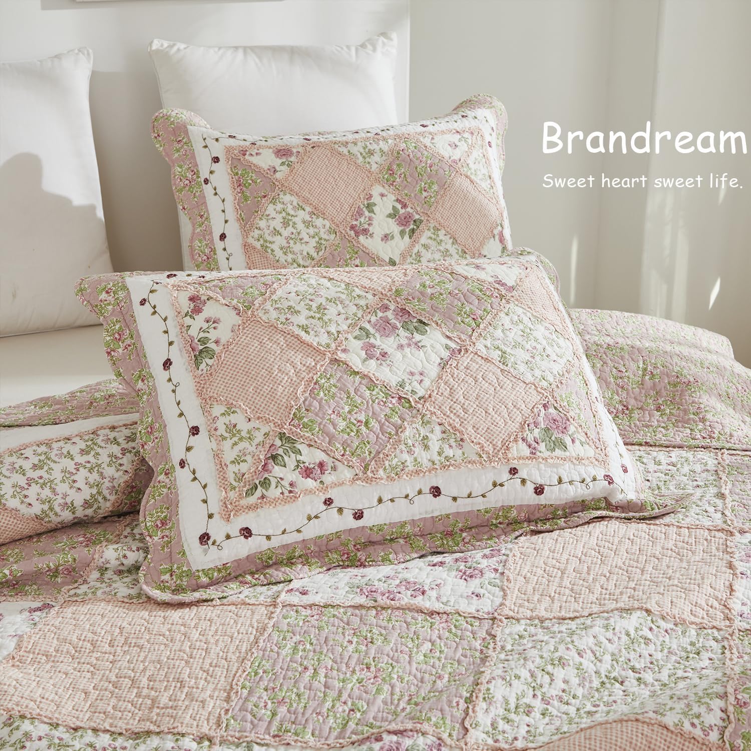 Brandream Queen Size Quilt Set Cotton Patchwork Quilts Blush Pink Country Floral Bedding Patchwork Quilted Comforter Set 3-Piece - Image 8