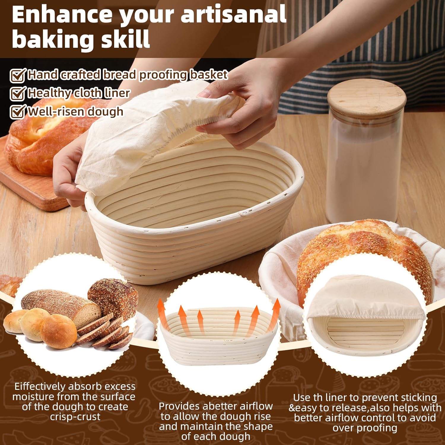 5 Pack Bread Proofing Baskets Set 9, 7.8 Round, 10, 8 Oval and 9 Triangle Rattan Bannetons Sourdough Proofing Basket and Liners Baking Supplies for Home Bakers