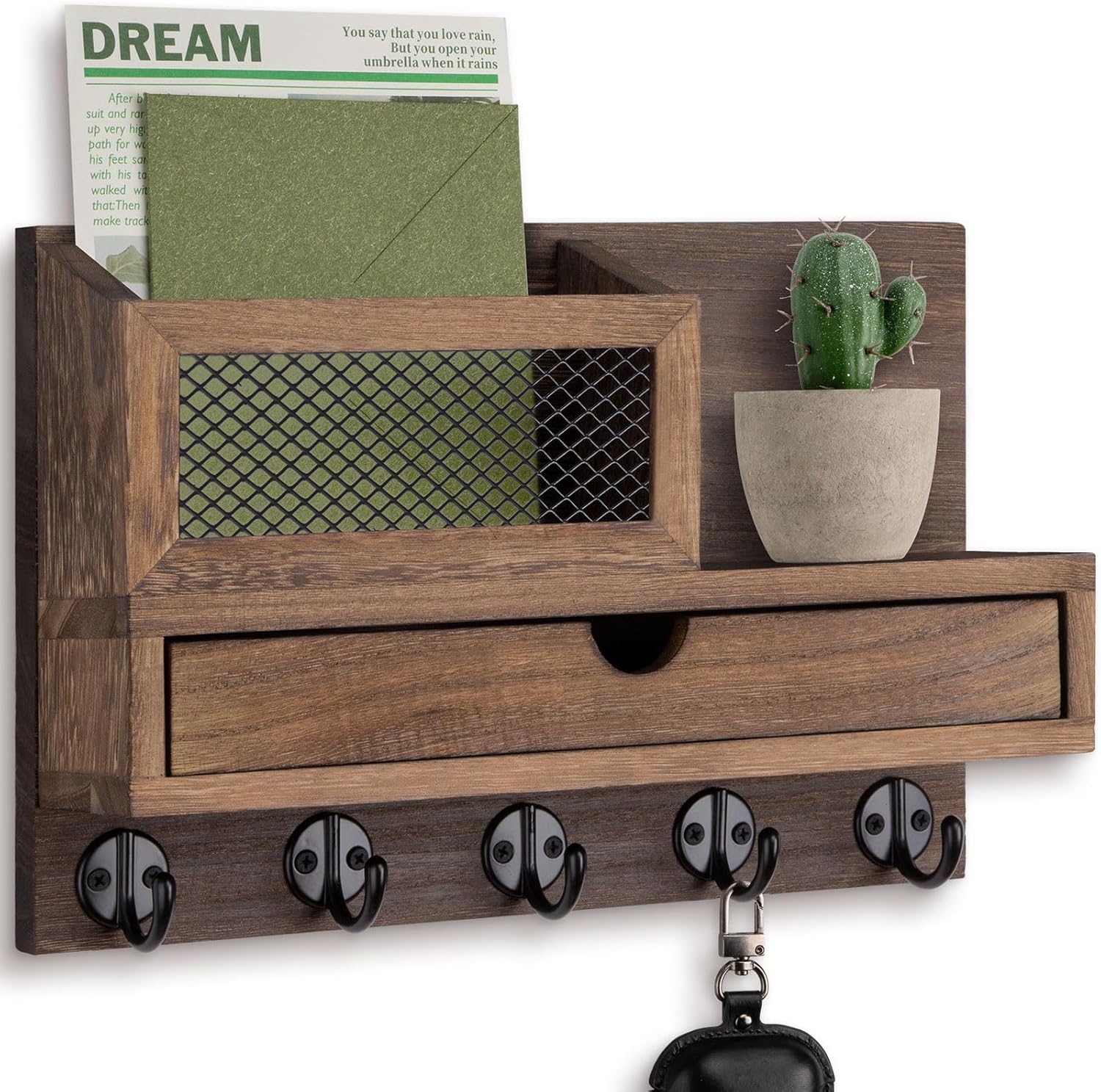 Key Holder Wall Mount, Key Holder for Wall with 5 Key Hooks and Storage Drawer Mail Organizer for Entryway Living Room Farmhouse Home Decor