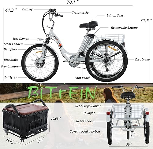 Miniatura 5 de Bitrein Triciclo eléctrico de 24 pulgadas Bicicleta eléctrica 350W Motor sin escobillas delantero 48V 13AH batería de iones de litio extraíble