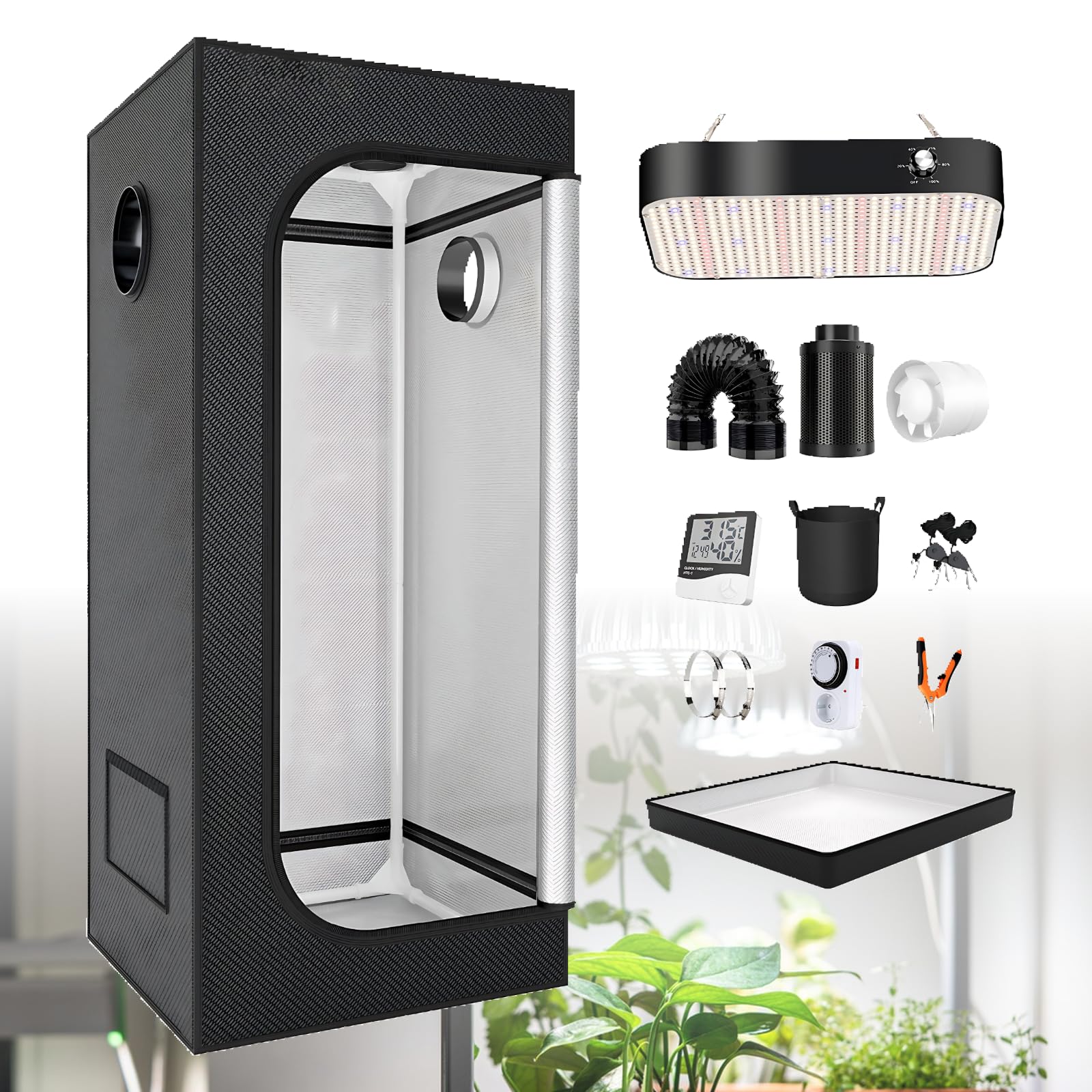Kit Complet De Tente De Culture, Nylon Oxford 600d, PE Imperméable, LED Pleine lumière 200W, Minuteur Mécanique Et Hygromètre Inclus, avec Tubes Métalliques, Connecteurs