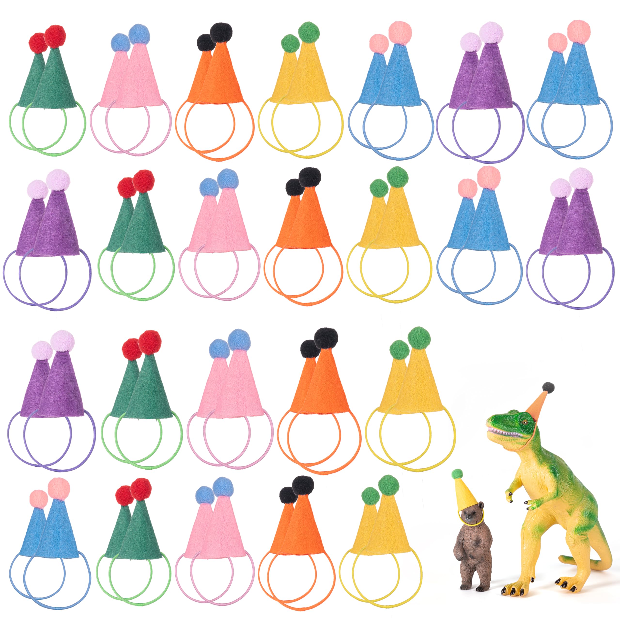 Fiestivo 48 Pcs Mini Party Hats for Stuffed Animals Figures Toys Dinosaur Tiny Hats for Crafts Colorful Doll Party Decor Adjustable Cone Hat with Tinsel Pom Pom Birthday Cake Toppers Accessories