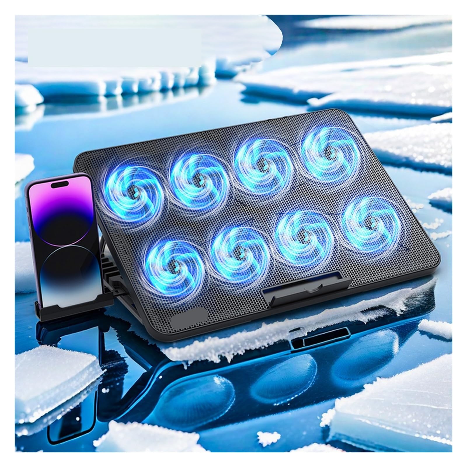 Almohadilla De Refrigeración For Ordenador Portátil con 8 Ventiladores Silenciosos De 15,6 A 17,3 Pulgadas, Soporte For Teléfono Móvil con 7 Velocidades Ajustables En Altura Incluido