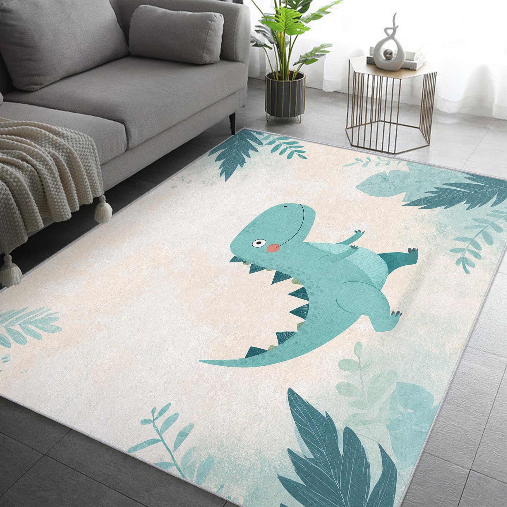 Generisch Dino Teppich Wohnzimmer 140x200, Kurzflor Teppich Schlafzimmer Dinosaurier Süße Cartoon Tier Wohnzimmerteppich Groß, Weich Flanell - Antirutsch Carpet H-7