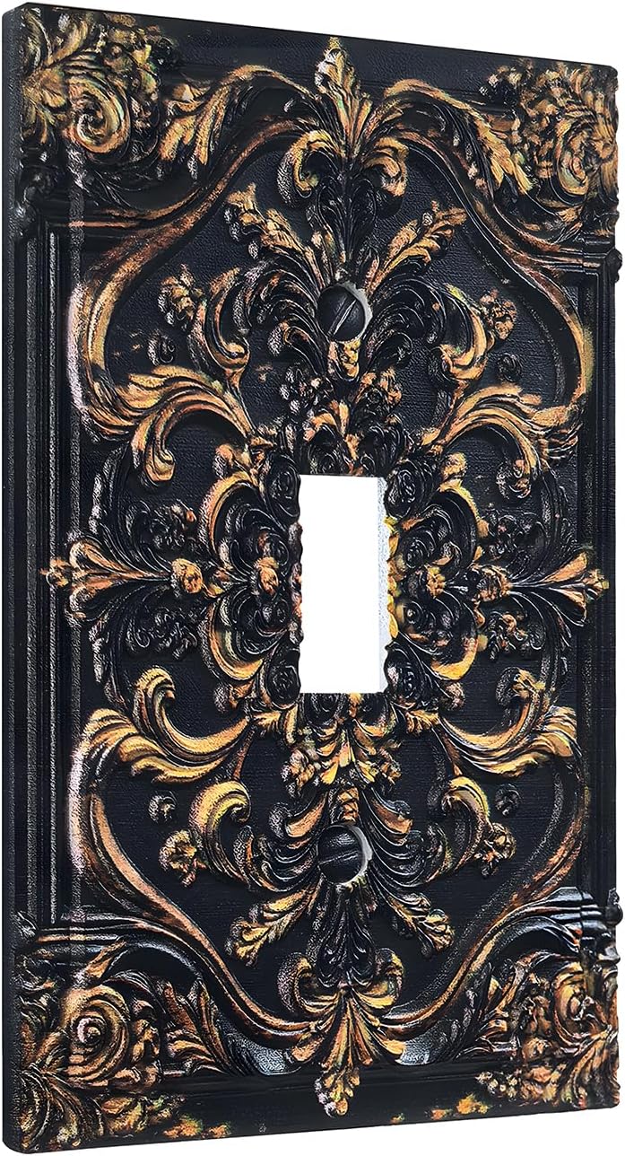 Decorative Light Switch Plate Covers Dark Academia Black Gold 3D Vintage Floral Embossed 1 Gang Light Switch Cover Plate Single Toggle Wall Plate Outlet Covers for Bedroom Home Decor