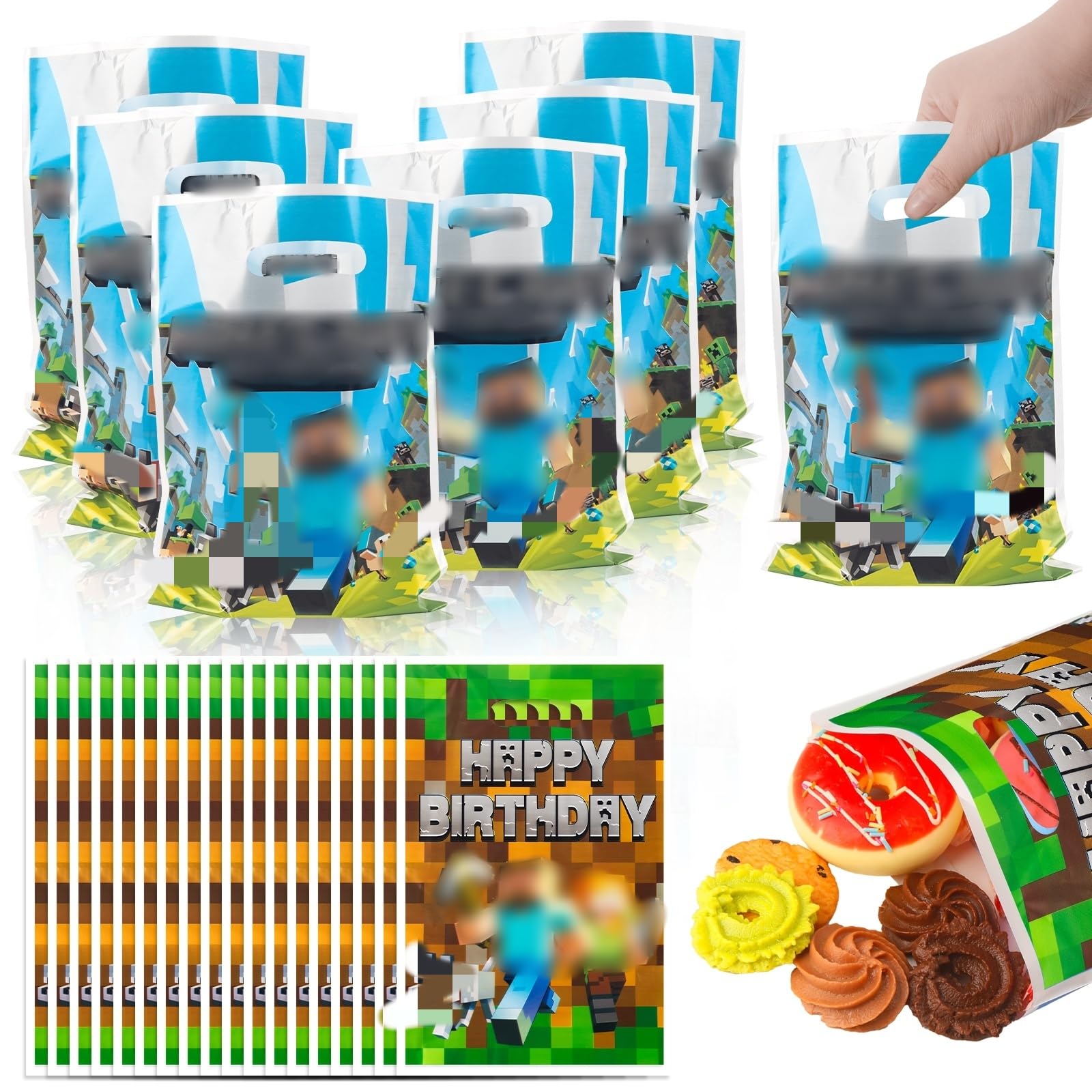NTGFU Miner Birthday Gift Bags with Handle- 50Pcs Cartoon Spiel Party Goodie Bags for Bag Fillers, Boys Girls Gift Bags for Theme Kids Birthday Party Supplies Party Favor Candy Bags