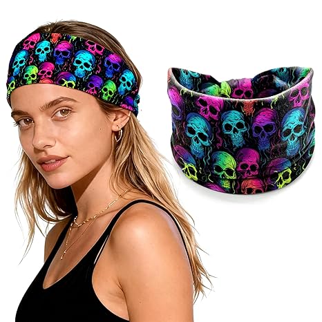 Colorful Skull Headbands Halloween Hairbands Wide Skull Headband Workout Non Slip Turban Head Wraps Skeleton Sports Sweatbands Yoga Hair Scarfs Halloween Hair Accessories for Women Cosplay Party Decor