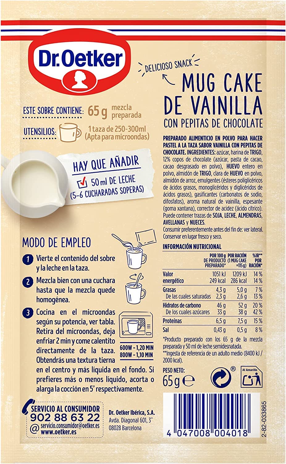 DR. OETKER Mug Cake Vainilla con Pepitas de Chocolate, Preparado para Bizcocho en Taza 65g