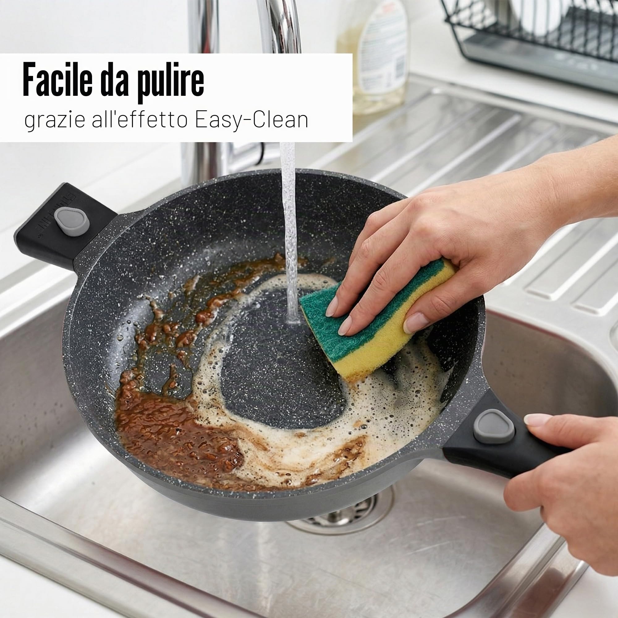 STONELINE SMART Padella Alta 28 cm, 4 L Padella Induzione Grande con Coperchio, Manico Rimovibile, Alluminio Pressofuso, Tutti i Tipi Piani Cottura, Antiaderente con Vere Particelle di Pietra, Grigio