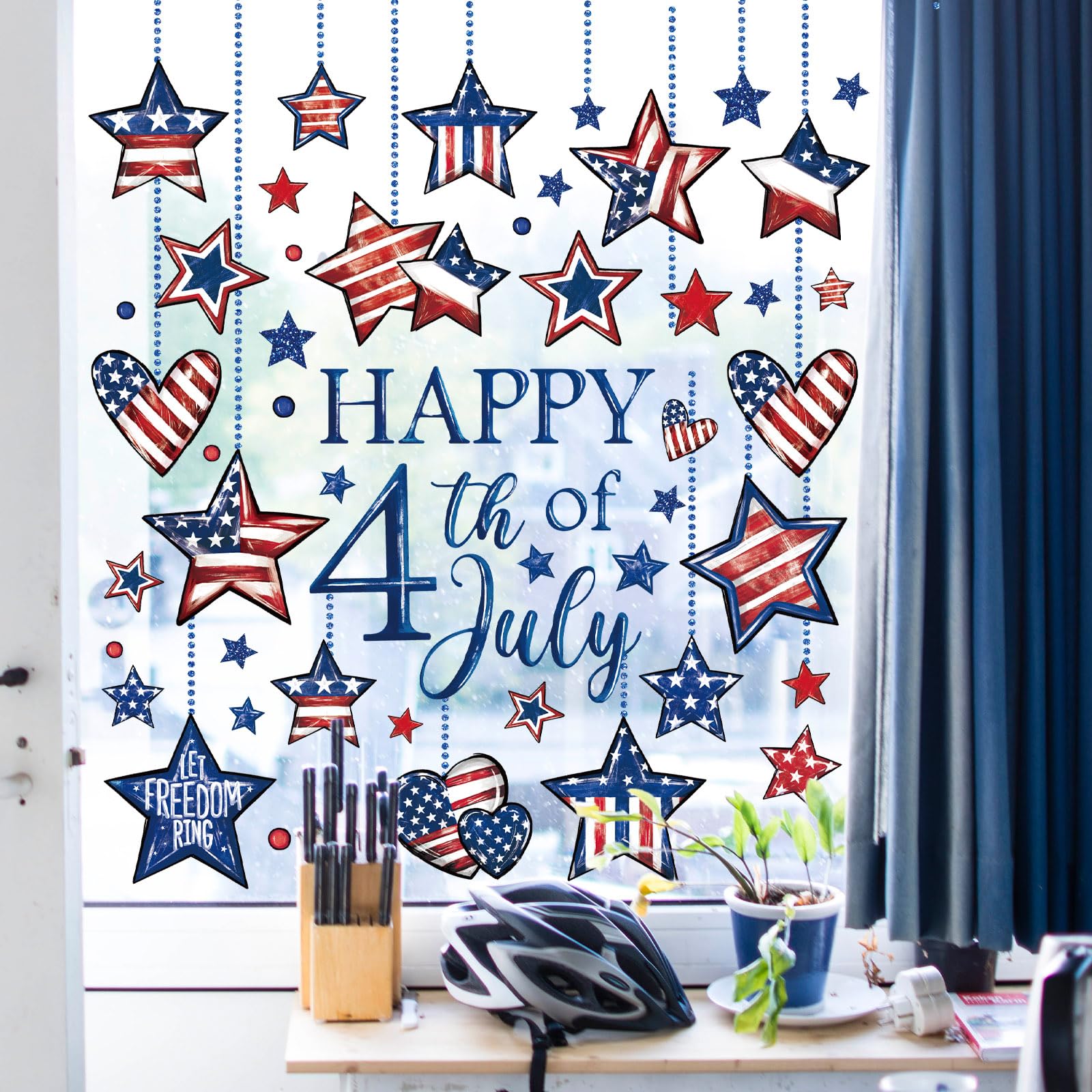 JarThenaAMCS 9 Sheets Patriotic Window Clings Happy 4th of July Window Stickers Double-Sided Star Heart Glass Decals for Independence Day Home Office Party Decor